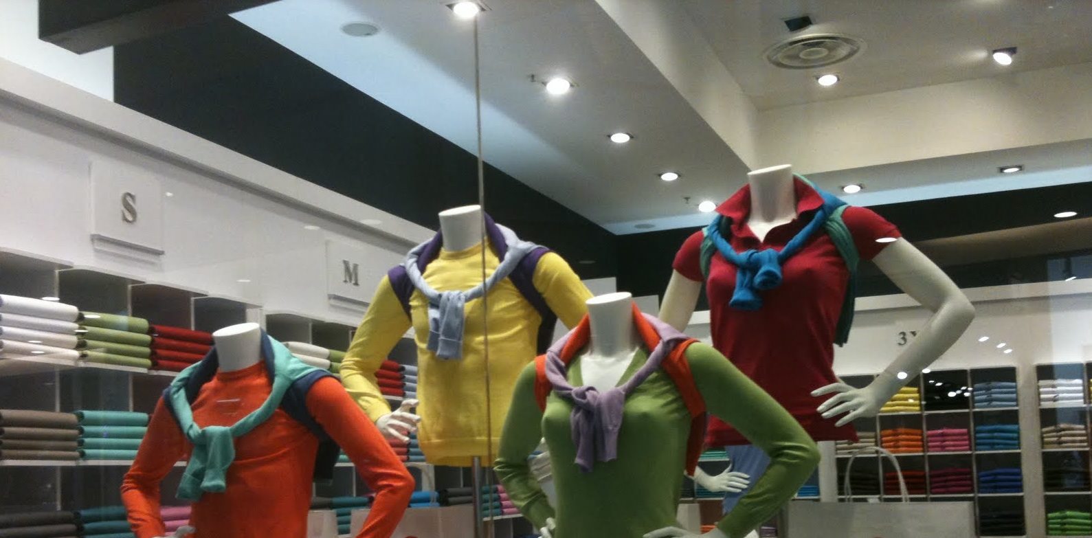 A shop window of women's and men's knitwear
